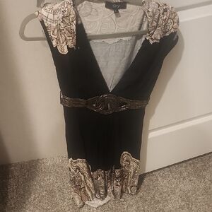 Sky Black and Cream Patterned Dress with Belt